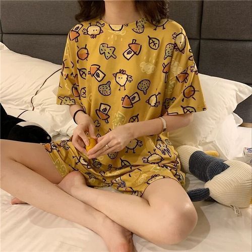 Summer Women's Cartoon Print Pajamas Ladies Pajamas Short Sleeve Shorts Sleepwear Girls Cute Printing Home Wear onesie w