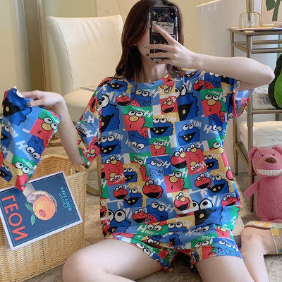 Summer Women's Cartoon Print Pajamas Ladies Pajamas Short Sleeve Shorts Sleepwear Girls Cute Printing Home Wear onesie w