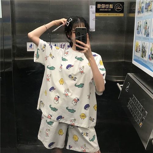 Summer Women's Cartoon Print Pajamas Ladies Pajamas Short Sleeve Shorts Sleepwear Girls Cute Printing Home Wear onesie w