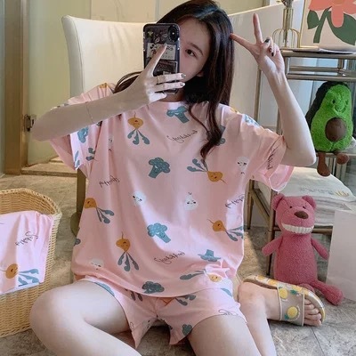 Summer Women's Cartoon Print Pajamas Ladies Pajamas Short Sleeve Shorts Sleepwear Girls Cute Printing Home Wear onesie w