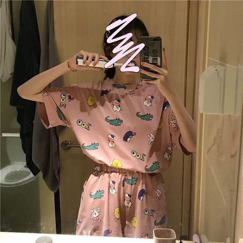 Summer Women's Cartoon Print Pajamas Ladies Pajamas Short Sleeve Shorts Sleepwear Girls Cute Printing Home Wear onesie w