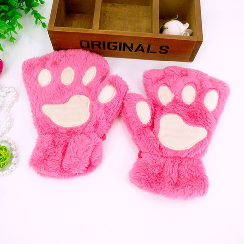 Cute Winter Warm Plush Cat Paw Fingerless Gloves Woman Fuzzy Bear Claw Thick Faux Fur Half Finger Soft Mitten Gloves