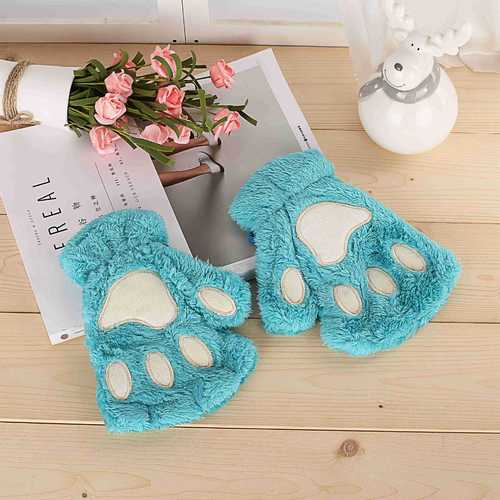 Cute Winter Warm Plush Cat Paw Fingerless Gloves Woman Fuzzy Bear Claw Thick Faux Fur Half Finger Soft Mitten Gloves