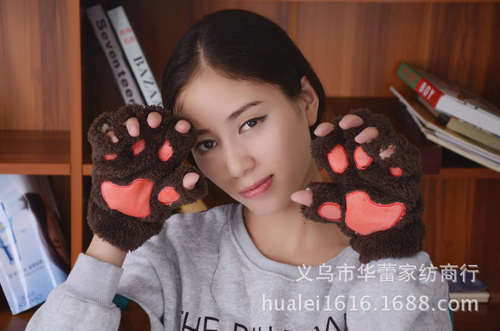 Cute Winter Warm Plush Cat Paw Fingerless Gloves Woman Fuzzy Bear Claw Thick Faux Fur Half Finger Soft Mitten Gloves