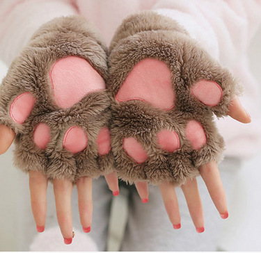 Cute Winter Warm Plush Cat Paw Fingerless Gloves Woman Fuzzy Bear Claw Thick Faux Fur Half Finger Soft Mitten Gloves
