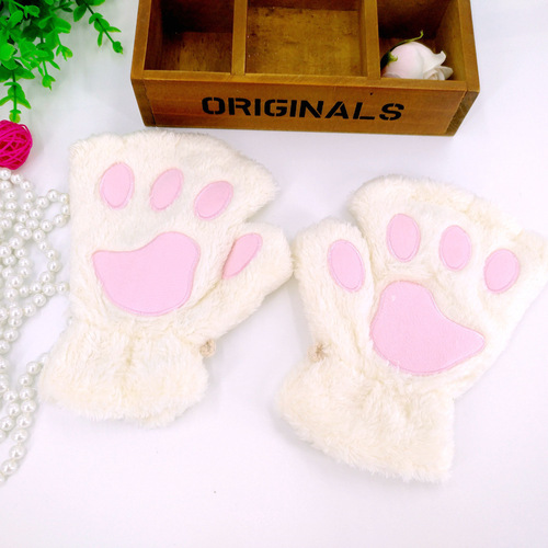 Cute Winter Warm Plush Cat Paw Fingerless Gloves Woman Fuzzy Bear Claw Thick Faux Fur Half Finger Soft Mitten Gloves