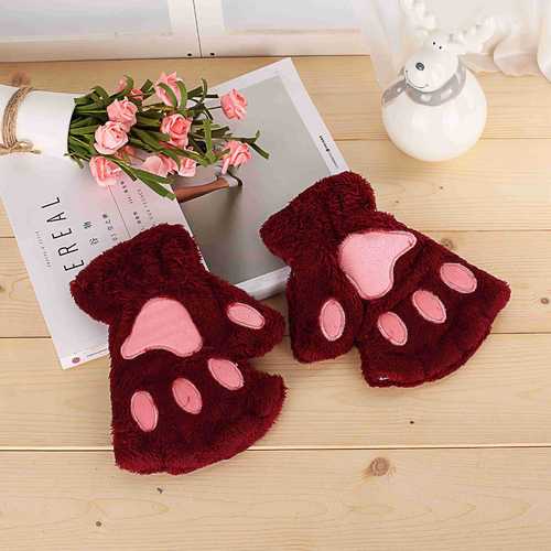 Cute Winter Warm Plush Cat Paw Fingerless Gloves Woman Fuzzy Bear Claw Thick Faux Fur Half Finger Soft Mitten Gloves