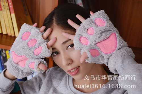 Cute Winter Warm Plush Cat Paw Fingerless Gloves Woman Fuzzy Bear Claw Thick Faux Fur Half Finger Soft Mitten Gloves
