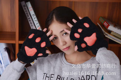 Cute Winter Warm Plush Cat Paw Fingerless Gloves Woman Fuzzy Bear Claw Thick Faux Fur Half Finger Soft Mitten Gloves
