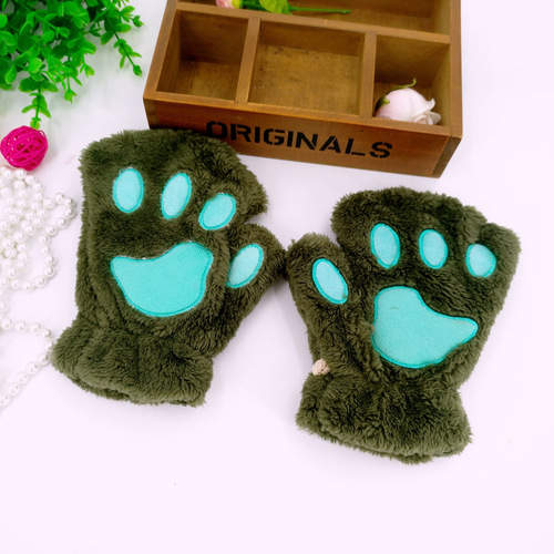 Cute Winter Warm Plush Cat Paw Fingerless Gloves Woman Fuzzy Bear Claw Thick Faux Fur Half Finger Soft Mitten Gloves