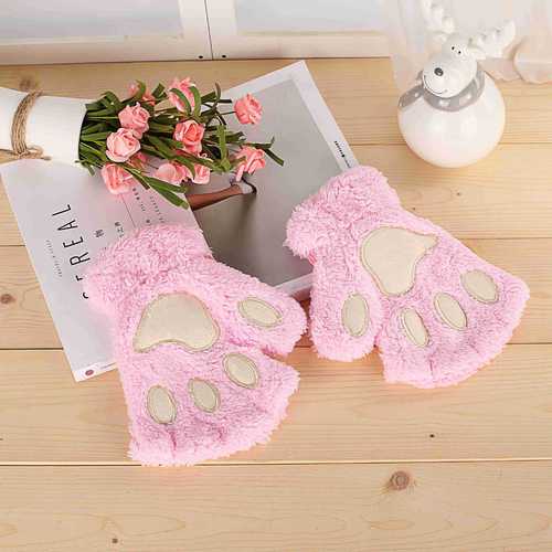 Cute Winter Warm Plush Cat Paw Fingerless Gloves Woman Fuzzy Bear Claw Thick Faux Fur Half Finger Soft Mitten Gloves