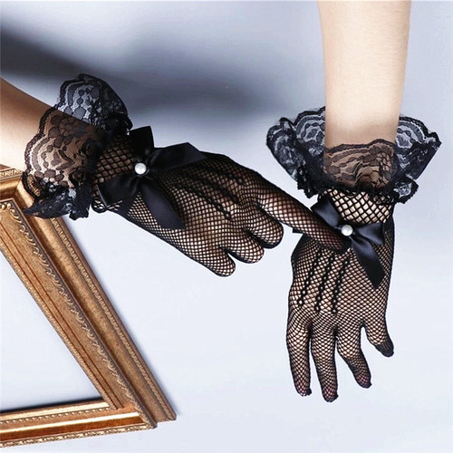 Black Bowknot Jacquard Glove Women Fashion Lace Fabric Bridal Gloves for Wedding Party Decoration