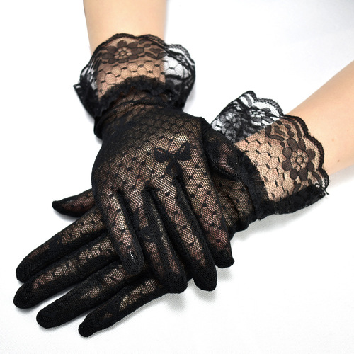 New Women's Summer Sunscreen Gloves Plaid Mesh Bowknot Creative Black Lace Lace Etiquette Gloves Female