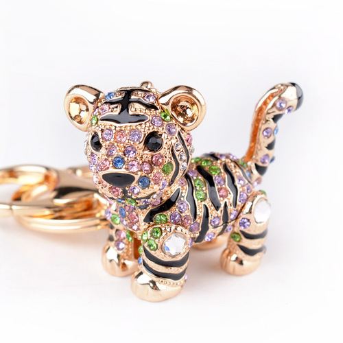 Fashion Crystal Diamond Animal Tiger Car Key Ring Women Rhinestone Tiger Keychain 