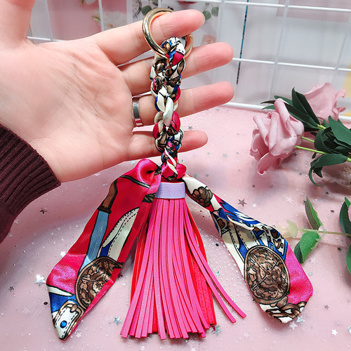 Lilangda Leather Tassel Satin Silk Scarves Keychain Bowknot Scarf Keyring Holder Woman HandBag Car Purse Bag Key Chains 