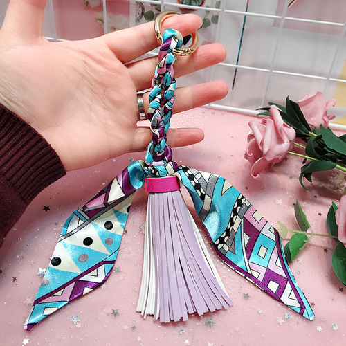 Lilangda Leather Tassel Satin Silk Scarves Keychain Bowknot Scarf Keyring Holder Woman HandBag Car Purse Bag Key Chains 