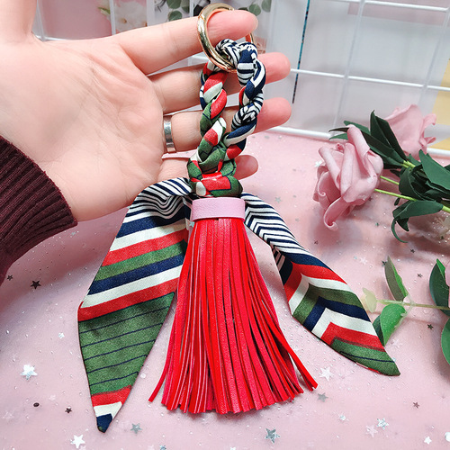 Lilangda Leather Tassel Satin Silk Scarves Keychain Bowknot Scarf Keyring Holder Woman HandBag Car Purse Bag Key Chains 