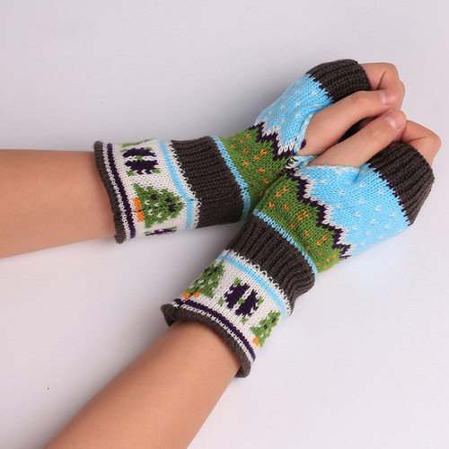 Women Winter Warm Knit Fingerless Gloves Hand Crochet Thumbhole Christmas Arm Warmers Mittens Gift