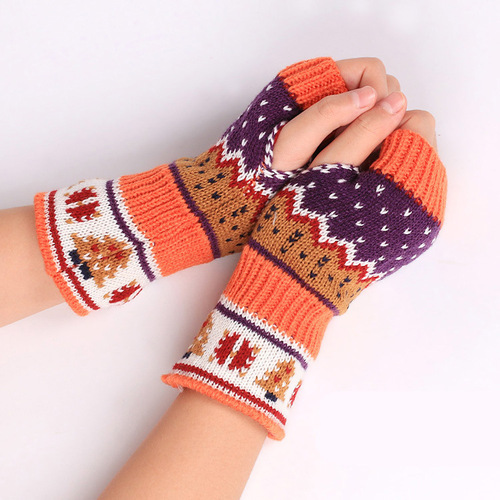 Women Winter Warm Knit Fingerless Gloves Hand Crochet Thumbhole Christmas Arm Warmers Mittens Gift