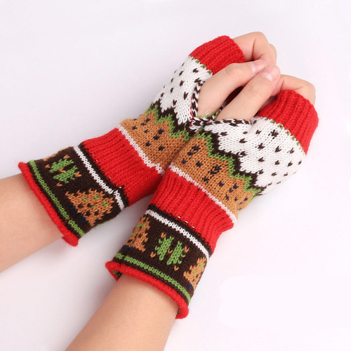 Women Winter Warm Knit Fingerless Gloves Hand Crochet Thumbhole Christmas Arm Warmers Mittens Gift