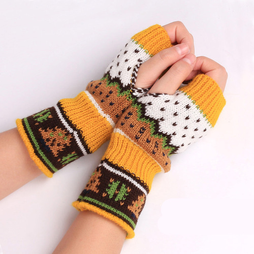 Women Winter Warm Knit Fingerless Gloves Hand Crochet Thumbhole Christmas Arm Warmers Mittens Gift