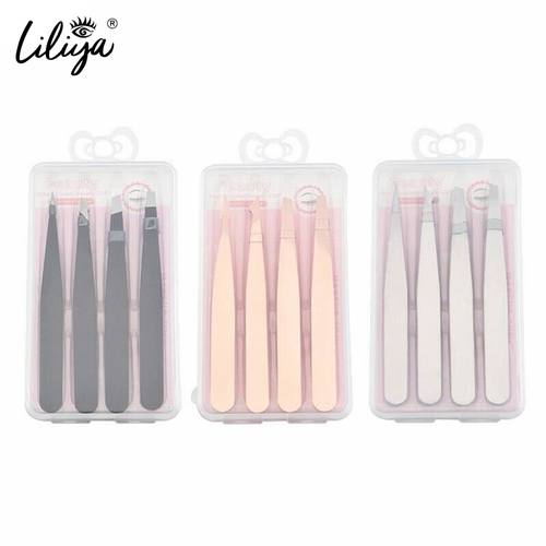 Professional Stainless Steel Tweezers 4Pcs Brows Eyebrow Hair Remove Tweezers Set