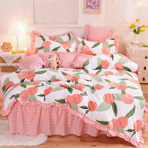 100% Cotton children Lace thickened brushed printed cashmere bed skirt four piece set