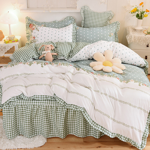 100% Cotton children Lace thickened brushed printed cashmere bed skirt four piece set