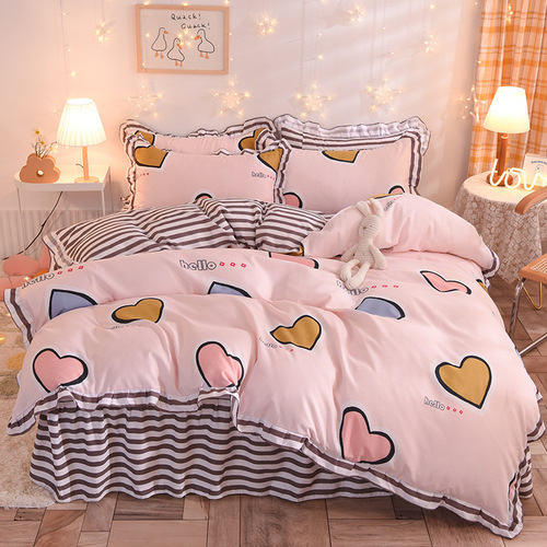 100% Cotton children Lace thickened brushed printed cashmere bed skirt four piece set