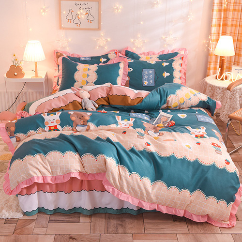 100% Cotton children Lace thickened brushed printed cashmere bed skirt four piece set