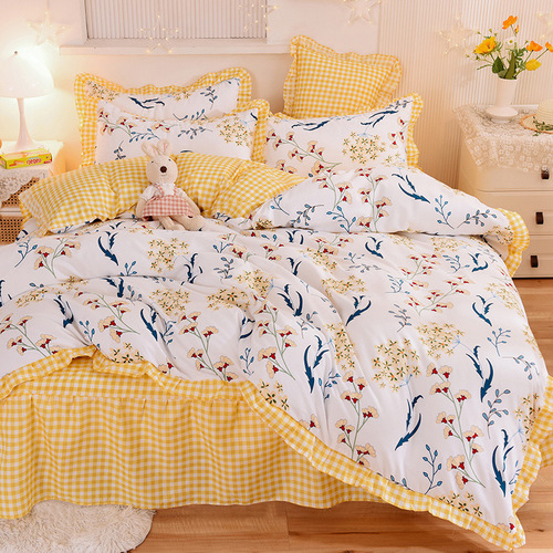 100% Cotton children Lace thickened brushed printed cashmere bed skirt four piece set