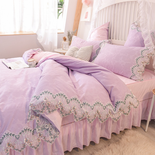 Rose Print Four-Piece skirt bed cover bed skirt Fitted pink flower bed skirt