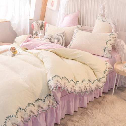 Rose Print Four-Piece skirt bed cover bed skirt Fitted pink flower bed skirt