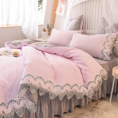 Rose Print Four-Piece skirt bed cover bed skirt Fitted pink flower bed skirt
