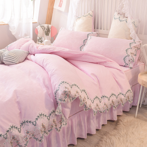 Rose Print Four-Piece skirt bed cover bed skirt Fitted pink flower bed skirt