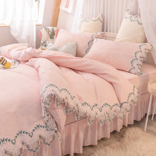 Rose Print Four-Piece skirt bed cover bed skirt Fitted pink flower bed skirt