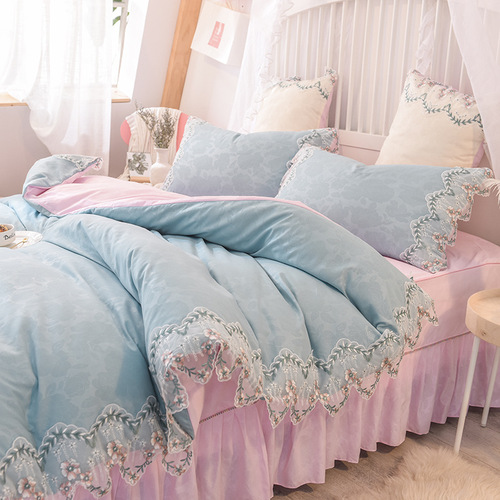 Rose Print Four-Piece skirt bed cover bed skirt Fitted pink flower bed skirt