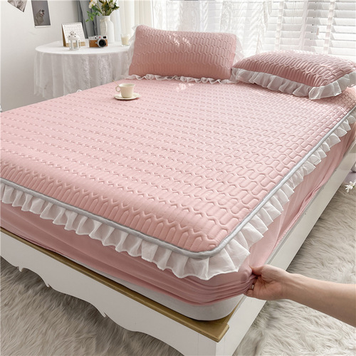 Latex mat three piece set lace ice silk mat fitted sheet bed skirt non slip mattress protective cover
