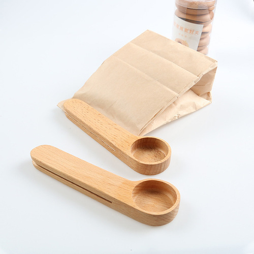 Beech Wood Eco-friendly Measuring Coffee Beans Scoop Food Bag Sealer Clip Coffee Spoons