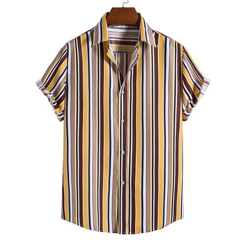 High Quality  Men's Polyester Stripe Short Sleeves Shirt Men Button Up Casual Summer Beach Holiday Hawaiian Shirts