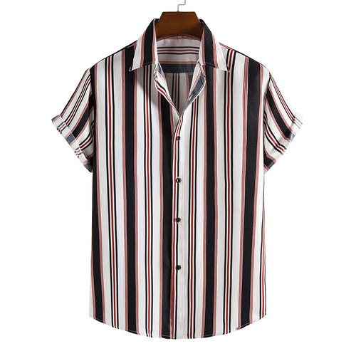 High Quality  Men's Polyester Stripe Short Sleeves Shirt Men Button Up Casual Summer Beach Holiday Hawaiian Shirts