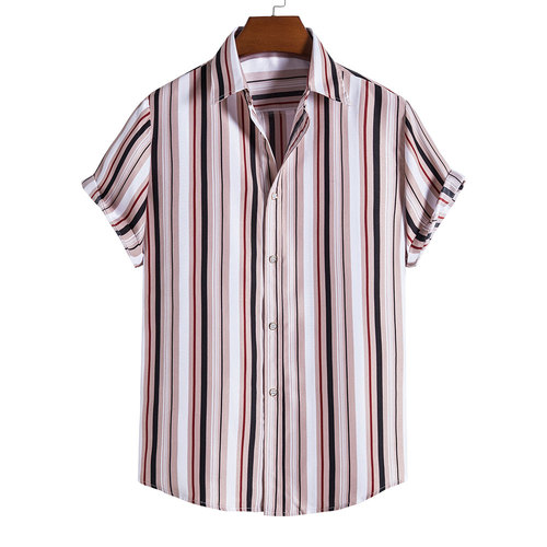 High Quality  Men's Polyester Stripe Short Sleeves Shirt Men Button Up Casual Summer Beach Holiday Hawaiian Shirts