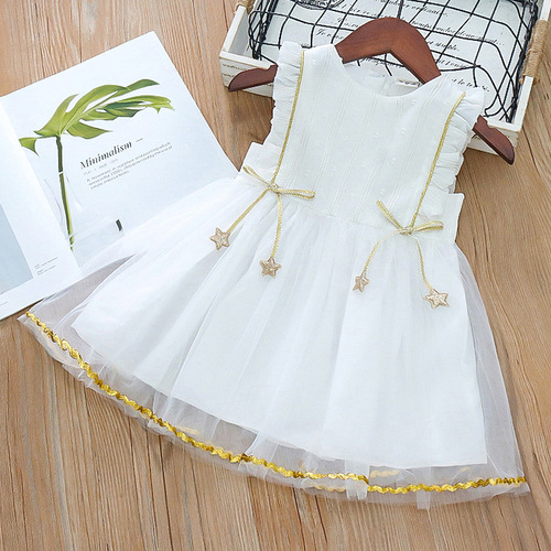 Little Girl Chiffon Fluffy Mesh Princess Skirt Luxury Star Pendant Pink Dress
