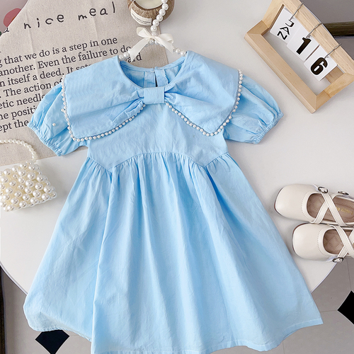 Bear Leader Korean Style Girls Summer Princess Dress Refreshingly Solid Blue Lapel Bow Pearl Edge Baby Girl Dresses