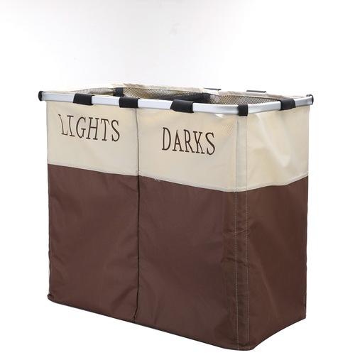 Collapsible Double Compartment Laundry Hamper - White & Brown Portable Storage