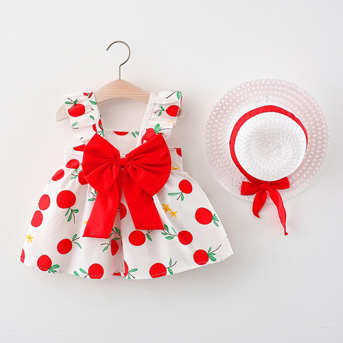 Summer Girls Big Bow Sleeveless A-Line Cotton Infant Toddlers Clothing Girls Dresses with Hat