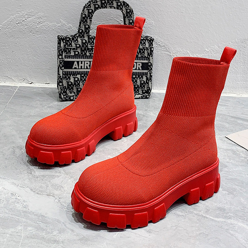 Autumn Fashion Socks Shoes Woman Stretch Fabric Mid-Calf Casual Platform Boots Net Red Knitted Women Booties