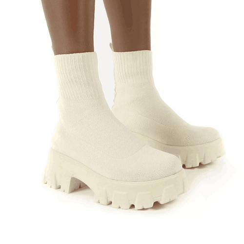 Autumn Fashion Socks Shoes Woman Stretch Fabric Mid-Calf Casual Platform Boots Net Red Knitted Women Booties