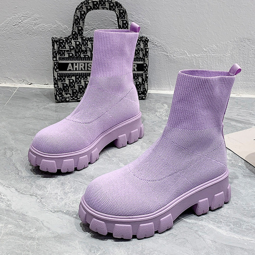 Autumn Fashion Socks Shoes Woman Stretch Fabric Mid-Calf Casual Platform Boots Net Red Knitted Women Booties