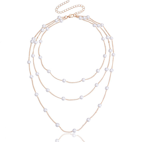 Simple Layered Thin Chain Pearl Choker Necklace Gold Plated Multi Layer Pearl Necklace